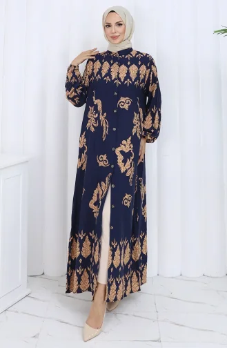 Gestreepte Jurk Met Knopen 2125-04 Marineblauw Beige 2125-04