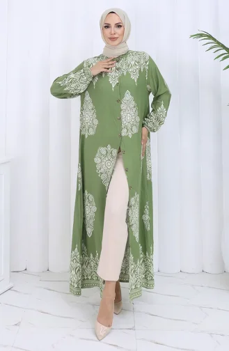 فستان منقوش بياقة القاضي 2126-02 من قماش المنك الأخضر الكاكي الفاتح 2126-02