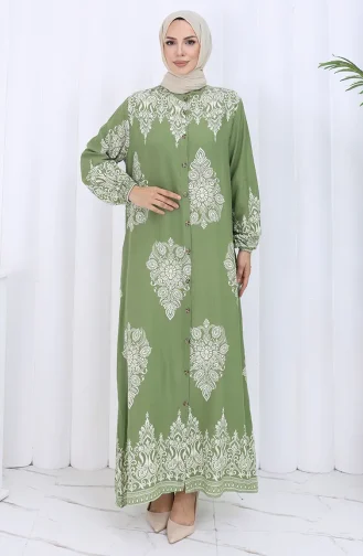 فستان منقوش بياقة القاضي 2126-02 من قماش المنك الأخضر الكاكي الفاتح 2126-02