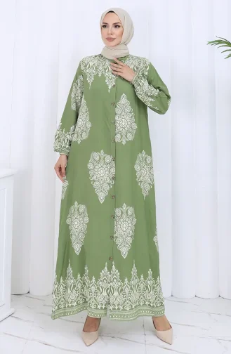 فستان منقوش بياقة القاضي 2126-02 من قماش المنك الأخضر الكاكي الفاتح 2126-02