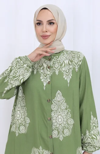 فستان منقوش بياقة القاضي 2126-02 من قماش المنك الأخضر الكاكي الفاتح 2126-02