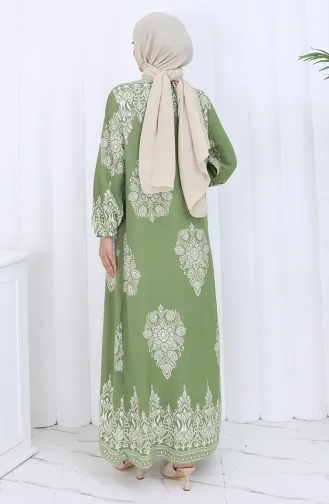 فستان منقوش بياقة القاضي 2126-02 من قماش المنك الأخضر الكاكي الفاتح 2126-02