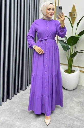 Önden Düğmeli Viskon Elbise 1124-08 Lila