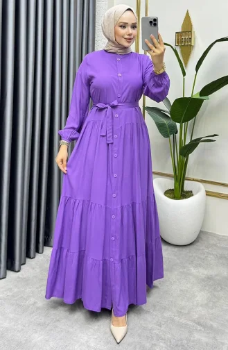 Önden Düğmeli Viskon Elbise 1124-08 Lila
