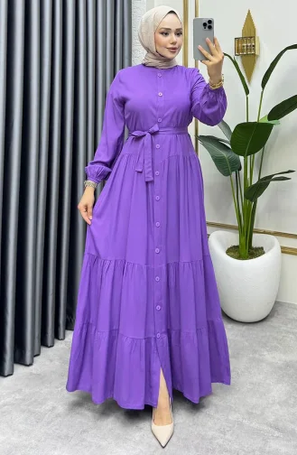 Önden Düğmeli Viskon Elbise 1124-08 Lila