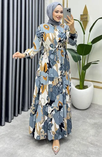 Viscose Jurk Met Flora-motief 7129-01 Antraciet 7129-01