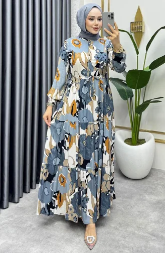 Viscose Jurk Met Flora-motief 7129-01 Antraciet 7129-01