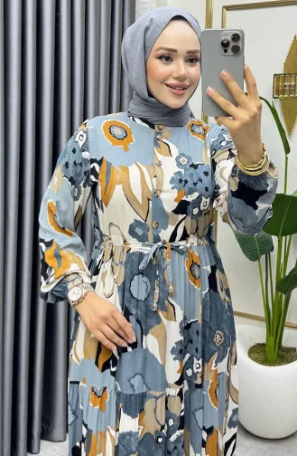 Viscose Jurk Met Flora-motief 7129-01 Antraciet 7129-01