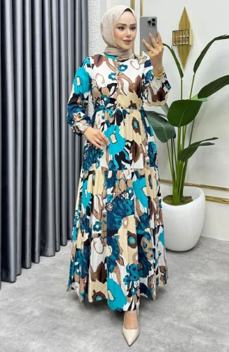 Flora Desenli Viskon Elbise 7129-02 Petrol