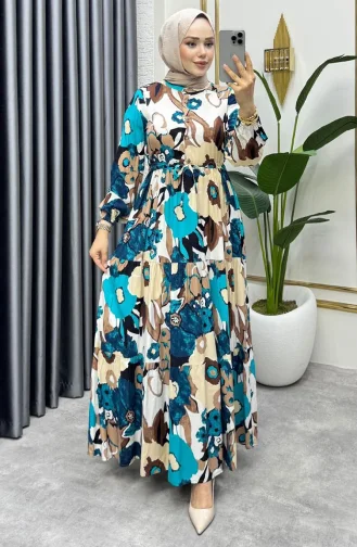 Flora Desenli Viskon Elbise 7129-02 Petrol
