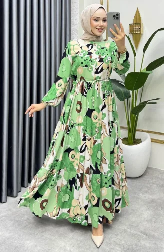 Flora Desenli Viskon Elbise 7129-05 Yeşil