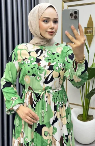 Flora Desenli Viskon Elbise 7129-05 Yeşil