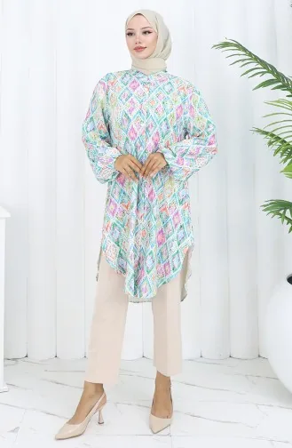 Plus Size Etnisch Gestreepte Tuniek 3025-02 Groen 3025-02