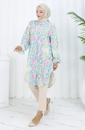 Plus Size Etnisch Gestreepte Tuniek 3025-02 Groen 3025-02