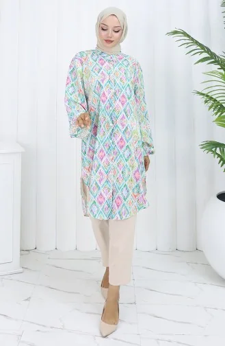 Plus Size Etnisch Gestreepte Tuniek 3025-02 Groen 3025-02