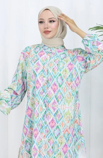 Plus Size Etnisch Gestreepte Tuniek 3025-02 Groen 3025-02