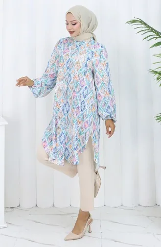 Tunique à Motifs Ethniques Grande Taille 3025-03 Bleu 3025-03