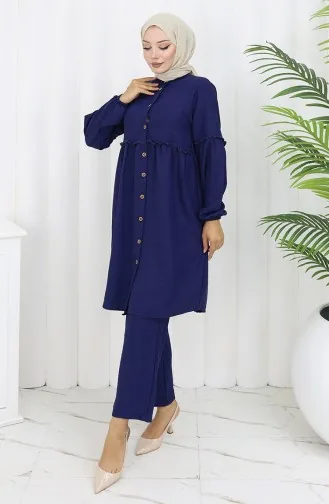 Costume Deux Pièces Tunique Boutonnée Froncée 0115-06 Bleu Marine 0115-06