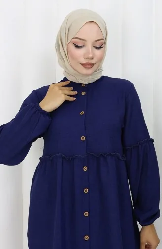 Costume Deux Pièces Tunique Boutonnée Froncée 0115-06 Bleu Marine 0115-06