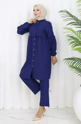 Gathered Buttoned Tunic Trousers Two Piece Set 0115-07 Saxe 0115-07