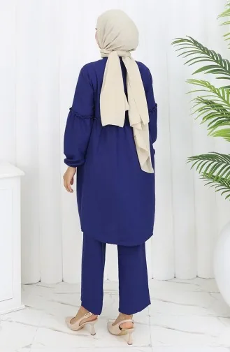 Gathered Buttoned Tunic Trousers Two Piece Set 0115-07 Saxe 0115-07