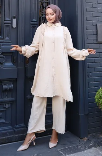 Tuniek Met Ruches Aan De Voorkant Pntolon Tweedelig Pak 2128-01 Mink 2128-01