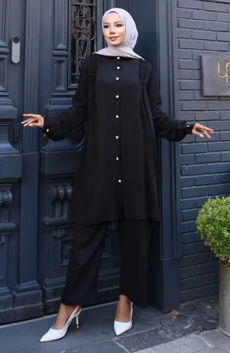 Tuniek Met Ruches Aan De Voorkant Pntolon Tweedelig Pak 2128-02 Zwart 2128-02