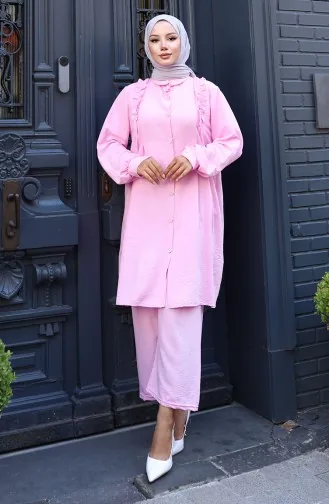 Tuniek Met Ruches Aan De Voorkant Pntolon Tweedelig Pak 2128-04 Roze 2128-04