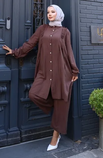 Önü Fırfırlı Tunik Pntolon İkili Takım 2128-06 Kahverengi