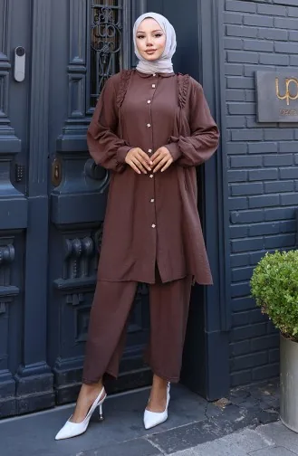 Önü Fırfırlı Tunik Pntolon İkili Takım 2128-06 Kahverengi
