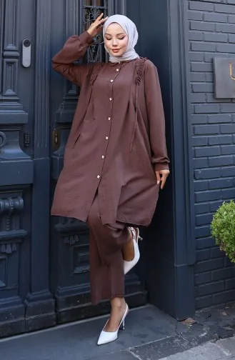 Önü Fırfırlı Tunik Pntolon İkili Takım 2128-06 Kahverengi