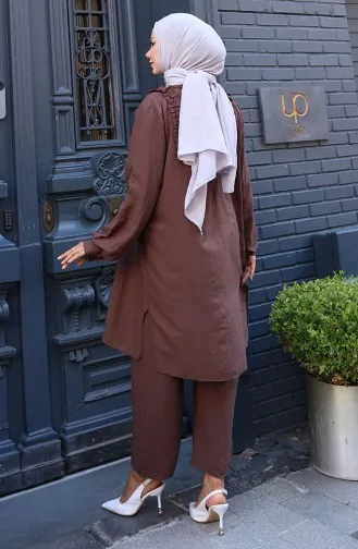 Önü Fırfırlı Tunik Pntolon İkili Takım 2128-06 Kahverengi