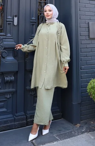 Önü Fırfırlı Tunik Pntolon İkili Takım 2128-07 Zeytin Yeşili
