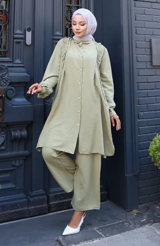 Önü Fırfırlı Tunik Pntolon İkili Takım 2128-07 Zeytin Yeşili