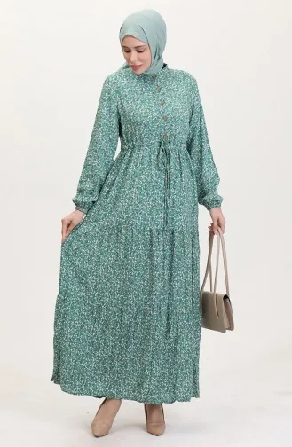 Viskose Stoff Halb Geknöpftes Gemustertes Kleid 0037-01 Grün 0037-01