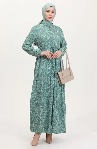Viskose Stoff Halb Geknöpftes Gemustertes Kleid 0037-01 Grün 0037-01
