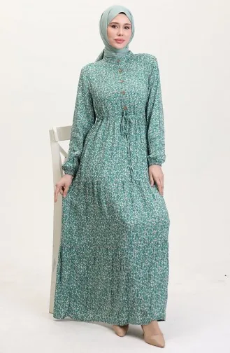 Viskose Stoff Halb Geknöpftes Gemustertes Kleid 0037-01 Grün 0037-01