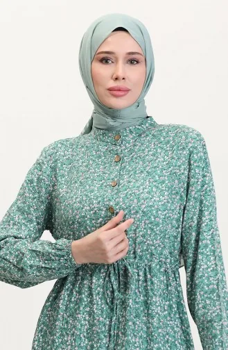 Viskose Stoff Halb Geknöpftes Gemustertes Kleid 0037-01 Grün 0037-01