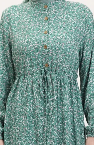 Viskose Stoff Halb Geknöpftes Gemustertes Kleid 0037-01 Grün 0037-01