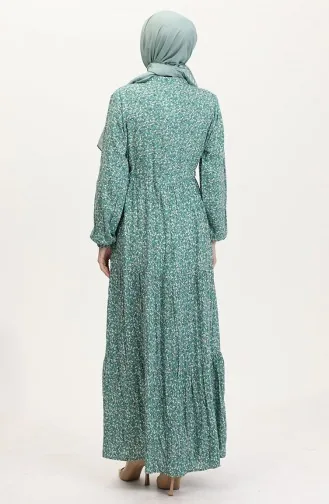 Viskose Stoff Halb Geknöpftes Gemustertes Kleid 0037-01 Grün 0037-01