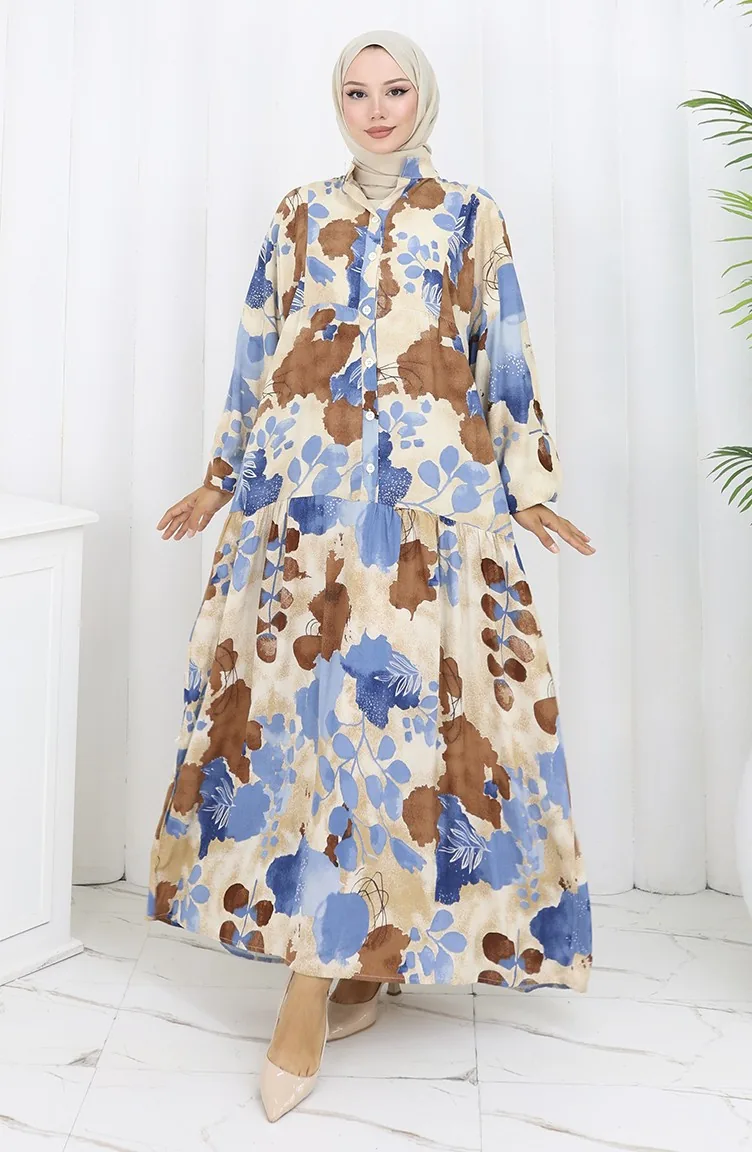 فستان من قماش الفيسكوز بأزرار نصفية 2129-02 بني أزرق 2129-02