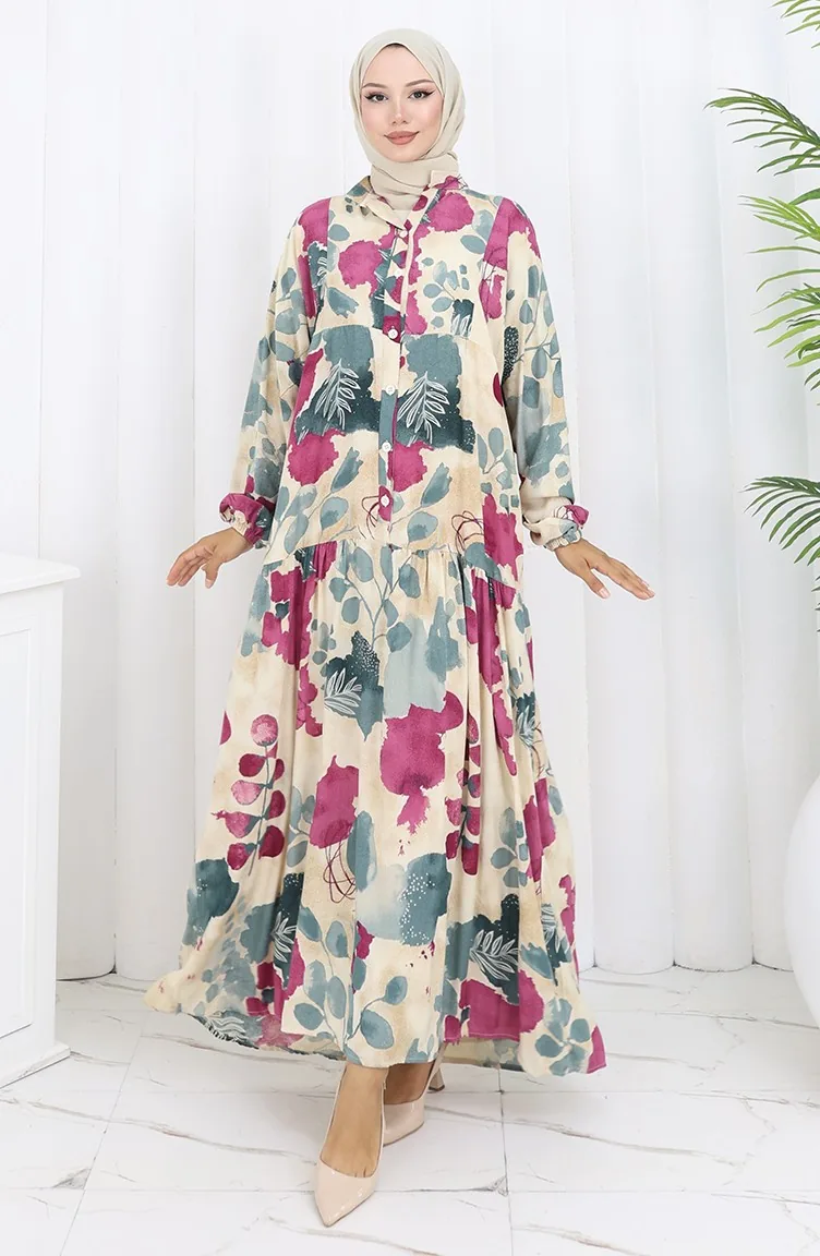Robe Demi-boutonnée En Viscose 2129-05 Beige Fuchsia 2129-05