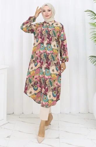 Kolu Lastikli Düğmeli Tunik 0134-04 Turkuaz Bej