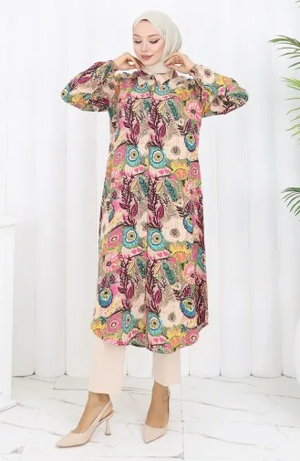 Kolu Lastikli Düğmeli Tunik 0134-04 Turkuaz Bej