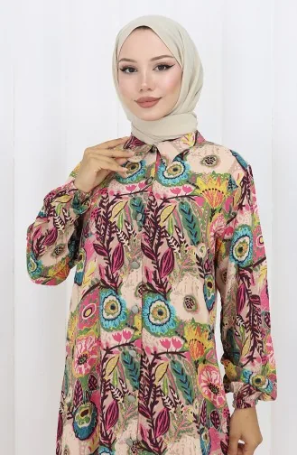 Kolu Lastikli Düğmeli Tunik 0134-04 Turkuaz Bej