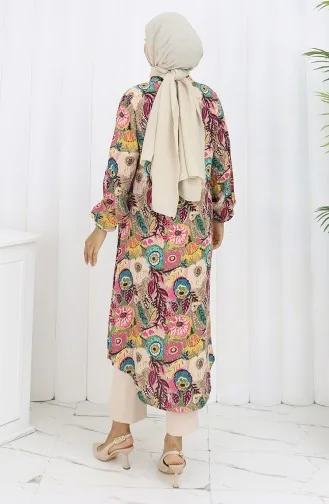 Kolu Lastikli Düğmeli Tunik 0134-04 Turkuaz Bej