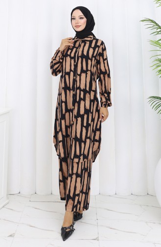 Viskon Kumaş Tunik Pantolon İkili Takım 0131-03 Sütlü kahve Siyah