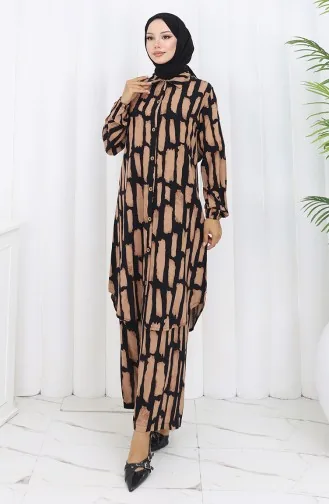 بدلة مزدوجة من قماش فيسكوز، بنطلون، تونيك، 0131-03، لون القهوة الحليبي، أسود 0131-03