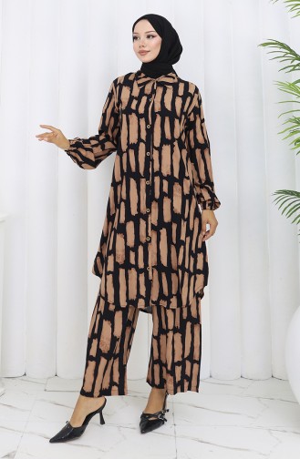 Viskon Kumaş Tunik Pantolon İkili Takım 0131-03 Sütlü kahve Siyah