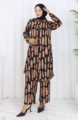 Viskon Kumaş Tunik Pantolon İkili Takım 0131-03 Sütlü kahve Siyah